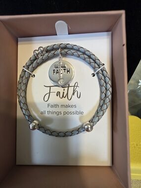 #308 Faith Charm Braided Wrap Bracelet in Light Gray
